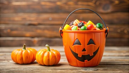 Cute Halloween candy bucket with smiling pumpkins