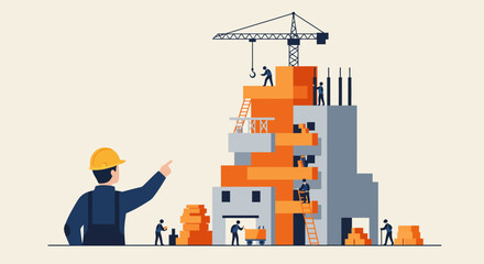 Construction Site with Workers and Building Illustration.
