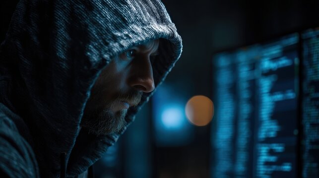 Digital Intruder: A hooded figure intently focuses on a computer screen. Illuminated by the eerie glow of the monitor, a symbol of cybersecurity and technological breach. Generative Ai