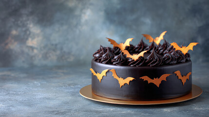 A Halloween chocolate cake with textured black frosting, dark chocolate rosettes, and shimmering gold bat decorations on a blue-gray background
