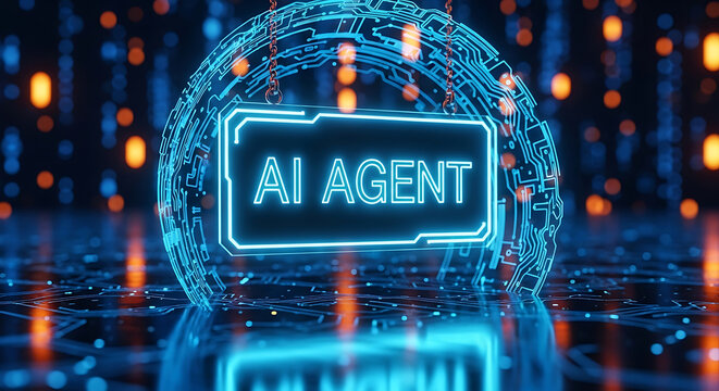 Neon AIAGENT sign within a glowing digital sphere