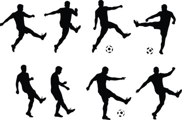 Soccer Player Silhouette Vector Set Kicking Ball – Football Action Poses for Sports Design, Game Posters, Motion Graphics, and Training