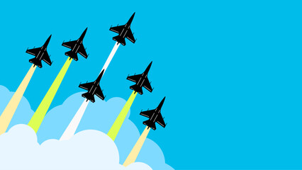Six fighter jets soaring powerfully into the sky, leaving behind vibrant smoke trails in white, green, and yellow. The sharp black silhouettes of the aircraft cut through a bright blue backdrop
