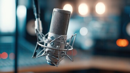 A close-up of a vintage microphone in a recording studio, showcasing the details and setup