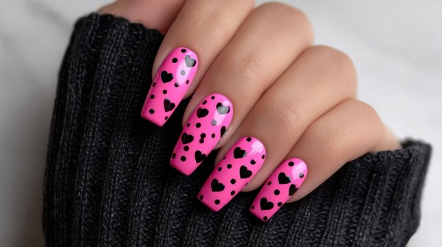 Elegant manicure featuring pink nails adorned with delicate heart designs, exuding charm and style