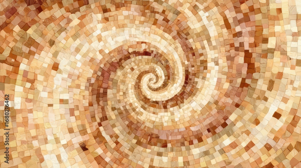 Poster colorful spiral pattern made of mosaic tiles in warm tones creating a dynamic visual effect
