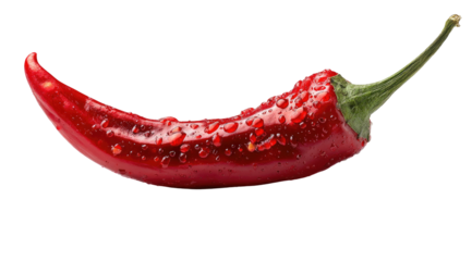 Close-up of a single, vibrant red chili pepper.  Water droplets cling to its surface.  Sharp, elongated shape with a pointed stem