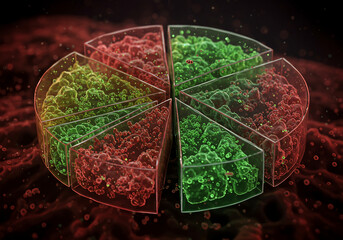 Abstract representation of a pie chart divided into alternating red and green sections, showcasing a textured, organic-like substance within each slice.