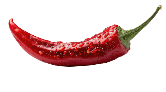 Close-up of a single, vibrant red chili pepper.  Water droplets cling to its surface.  Sharp, elongated shape with a pointed stem