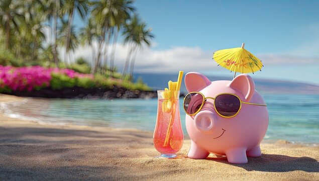 Piggy bank enjoying a tropical beach vacation