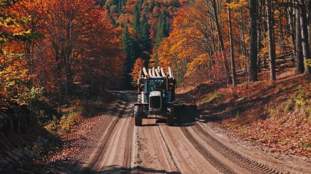 Tractor transporting logs through a forest road surrounded by autumn colors in a rural area