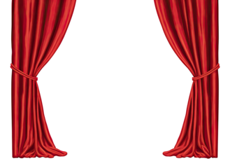 Crimson stage curtains, richly textured, drawn apart