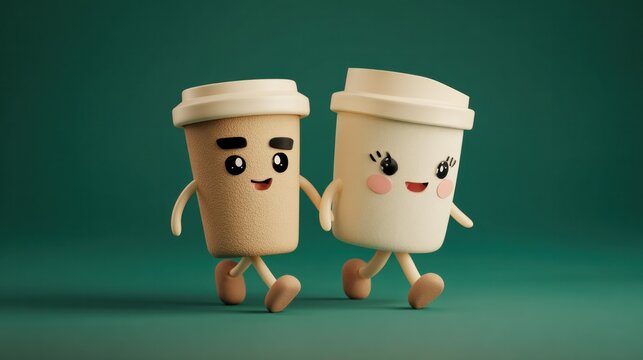 Two cute coffee cups happily holding hands. They're walking together with cheerful expressions