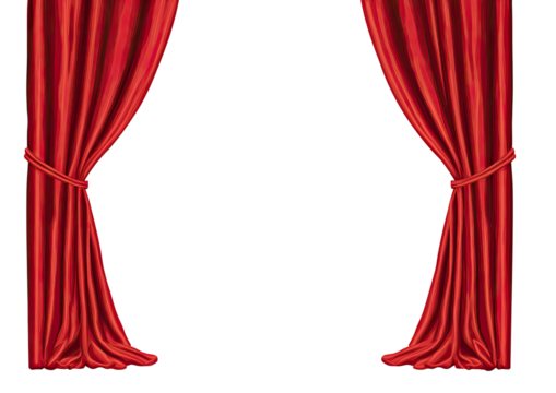 Crimson stage curtains, richly textured, drawn apart
