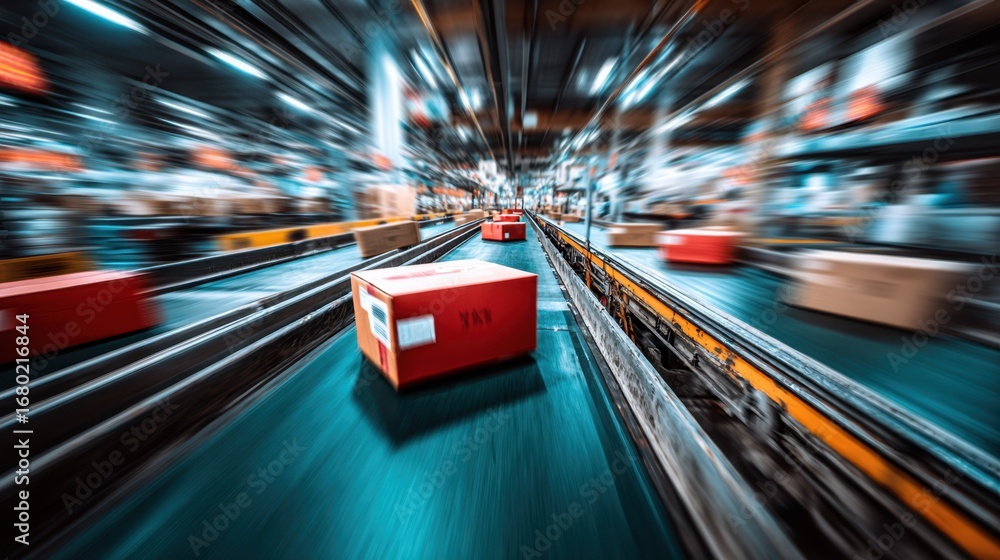 Poster medium shot of automated conveyor belts with robotic sorters directing packages showcasing speed and