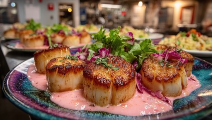 Seared scallops, pink sauce, salad garnish, plated