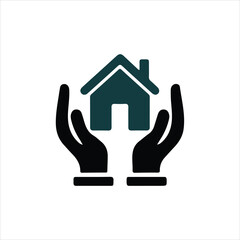 Two black hands cupping a teal house symbol, signifying care and protection home holding