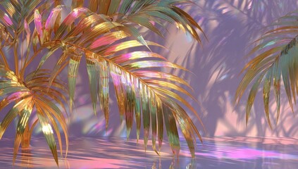 Iridescent gold palm fronds reflect on a pastel surface