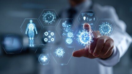 A doctor interacting with a futuristic healthcare interface. The scene depicts advanced medical technology with the doctor pointing to a variety of medical and biological icons. 