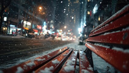 Snowy night scene, focus on a red bench