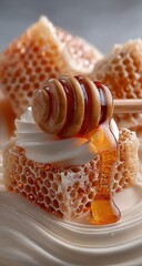 Honeycomb pieces with honey dripping onto whipped cream