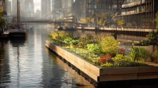 Focused medium shot highlighting the ecofriendly floating garden module with vibrant plants while the outoffocus cityscape and canal emphasize sustainable urban living.
