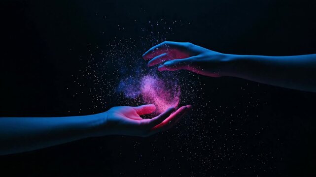 Two hands interact with a cloud of pink and blue particles against a dark background conveying a sense of magic