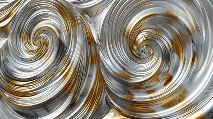 Abstract swirls of silver and gold metallic texture forming a hypnotic spiral pattern design art