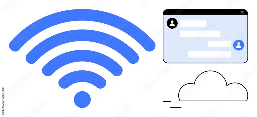Poster wireless symbol beside a chat window and a cloud icon signifying wireless networking, digital commun