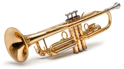 Obraz premium A close-up shot of a shiny golden trumpet, isolated. This gleaming brass instrument exudes musical elegance