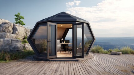 Fototapeta premium A modern hexagonal structure office perched on a cliff edge, offering stunning panoramic views and a productive workspace. The large glass doors open to a beautiful natural environment