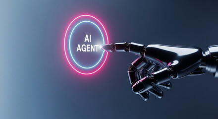 Robot finger presses AI agent button with neon ring