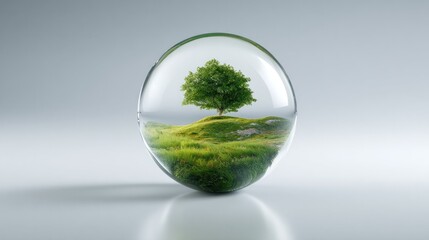 A solitary tree encapsulated within a glass orb, symbolizing environmental consciousness