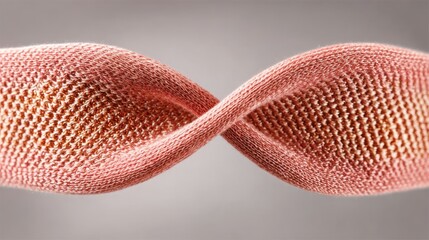 A knitted elastic band suspended midair capturing detailed loops and stretchiness in focus with an outoffocus neutral background.