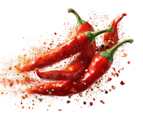 Red chili peppers explode in a spicy mix of herbs and spices