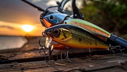 Fishing lures on wooden dock at sunset