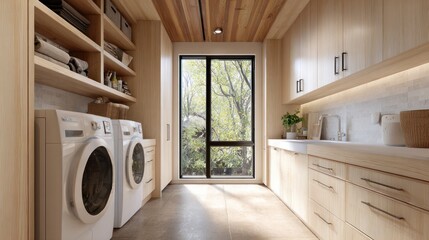 A modern and functional laundry room featuring a washing machine, dryer, and ample storage. The room is designed with a sleek, minimalist aesthetic and a view to the outside