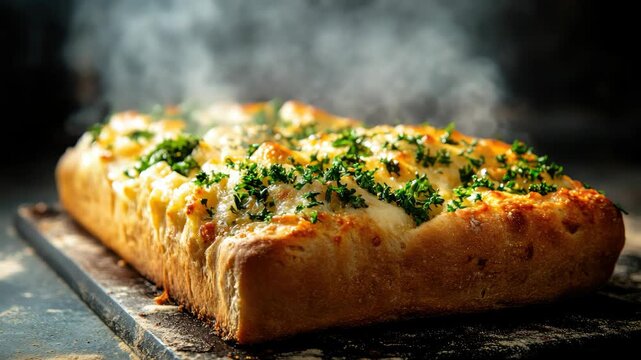 Freshly baked cheesy garlic bread topped with parsley on baking stone