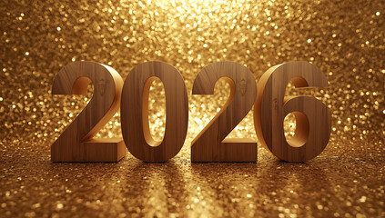 Happy new year 2026, featuring prominent wooden numbers with a natural grain texture, imposed on a luxurious sparkling golden background ai generative