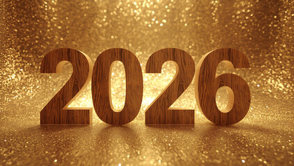 Happy new year 2026, featuring prominent wooden numbers with a natural grain texture, imposed on a luxurious sparkling golden background ai generative