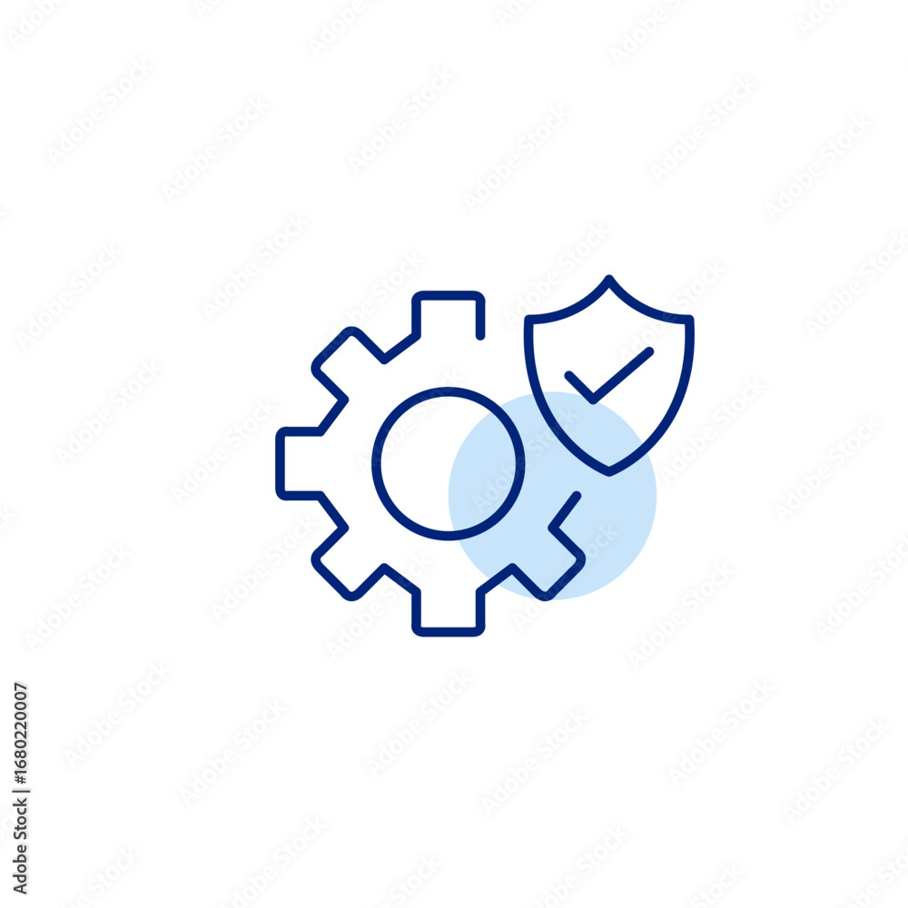 Poster cogwheel, shield and checkmark. secure settings, verified configuration. pixel perfect, editable str