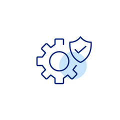 Cogwheel, shield and checkmark. Secure settings, verified configuration. Pixel perfect, editable stroke vector icon