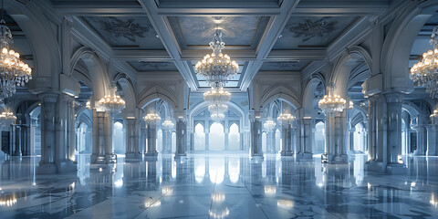 Vast opulent hall with ornate arches and glittering chandeliers reflecting on polished marble floor grandeur