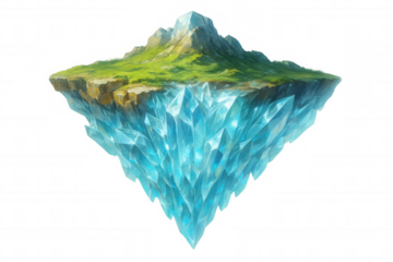 Floating verdant island perched on light blue crystalline base, featuring rocky terrain and mountain summit against transparent backdrop