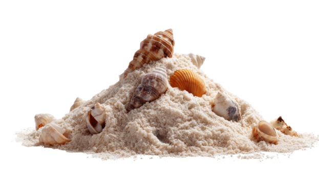 Pile of light beige sand with various seashells nestled within