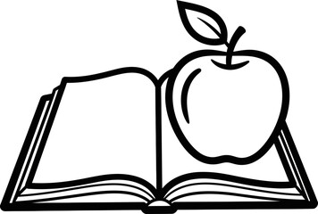 Open Book with Apple Icon, Black and White Education Symbol