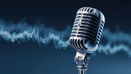 Retro microphone with sound waves, broadcasting audio