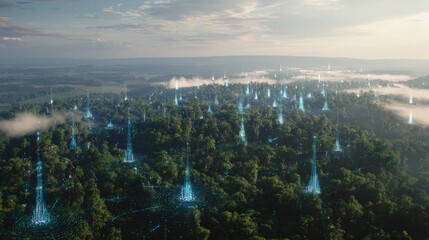 Obraz premium Forest Technology Marvel: An aerial view reveals a sprawling forest, its canopy dotted with futuristic, illuminated structures, showcasing the seamless blend of technology and nature. Generative Ai