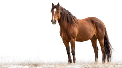 Obraz premium A majestic horse standing gracefully, a symbol of strength and freedom. The horse has a stunning brown coat and dark mane, showcasing its beauty in a bright setting. 