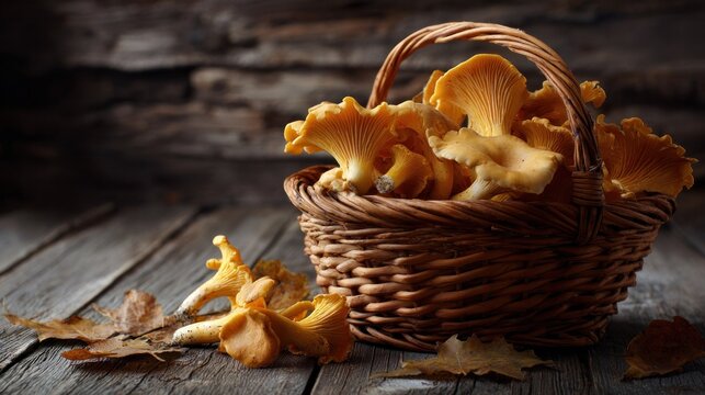 A basket of chanterelle mushrooms on a rustic wooden surface, with autumn leaves adding warmth to the scene - Powered by Adobe